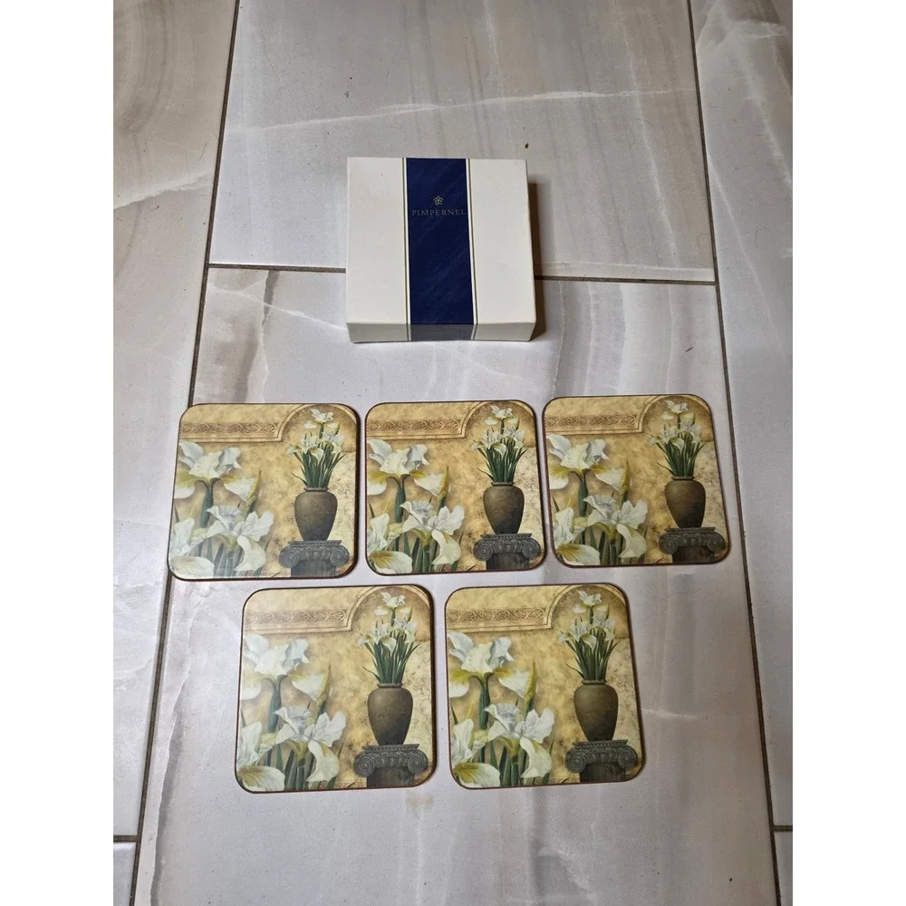 Pimpernel Coasters Set of 5 White Iris Floral Cork Back Made in England E2